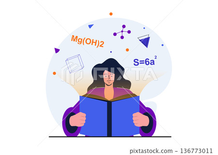 Back to school modern flat concept for web banner design. Schoolgirl reading chemistry textbook and learns new formulas. Student preparing for exams. Vector illustration with isolated people scene Back to school modern flat concept for web banner design. Schoolgirl reading chemistry textbook and learns new formulas. Student preparing for exams. Vector illustration with isolated people scene 136773011