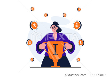 Business award modern flat concept for web banner design. Businesswoman holding golden cup, taking first place, celebrating victory, increasing profit. Vector illustration with isolated people scene 136773016