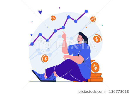 Business growth modern flat concept for web banner design. Woman analyzes financial statistics. Businesswoman develops project and analyzes market. Vector illustration with isolated people scene Business growth modern flat concept for web banner design. Woman analyzes financial statistics. Businesswoman develops project and analyzes market. Vector illustration with isolated people scene 136773018