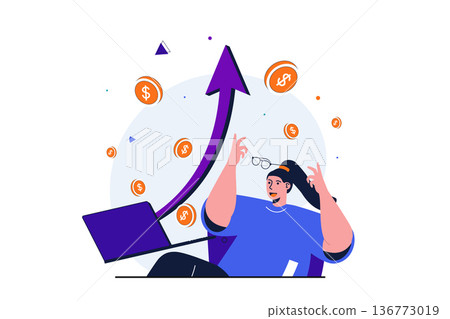 Business growth modern flat concept for web banner design. Happy woman sees financial leap up and rise in profit. Development and profitable investments. Vector illustration with isolated people scene Business growth modern flat concept for web banner design. Happy woman sees financial leap up and rise in profit. Development and profitable investments. Vector illustration with isolated people scene 136773019