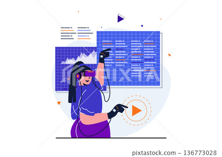 Cyberspace modern flat concept for web banner design. Woman in VR glasses and gloves working and programming at simulated dashboard in virtual reality. Vector illustration with isolated people scene Cyberspace modern flat concept for web banner design. Woman in VR glasses and gloves working and programming at simulated dashboard in virtual reality. Vector illustration with isolated people scene 136773028