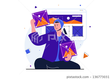 Designer studio modern flat concept for web banner design. Man selects images for filling site, creates content, develops and edits webpage layout. Vector illustration with isolated people scene Designer studio modern flat concept for web banner design. Man selects images for filling site, creates content, develops and edits webpage layout. Vector illustration with isolated people scene 136773031