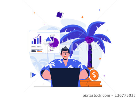 Freelance working modern flat concept for web banner design. Manager analyzes data and statistics from laptop while working online from tropical island. Vector illustration with isolated people scene Freelance working modern flat concept for web banner design. Manager analyzes data and statistics from laptop while working online from tropical island. Vector illustration with isolated people scene 136773035
