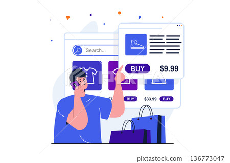 Mobile commerce modern flat concept for web banner design. Man chooses goods in online store and calls customer support for consultation and ordering. Vector illustration with isolated people scene Mobile commerce modern flat concept for web banner design. Man chooses goods in online store and calls customer support for consultation and ordering. Vector illustration with isolated people scene 136773047