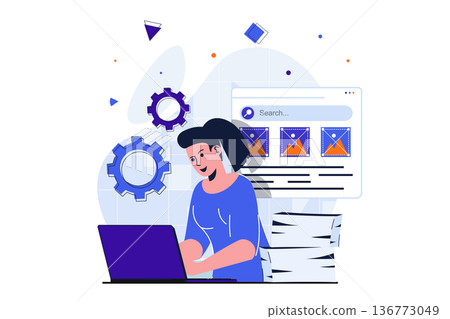 Office work modern flat concept for web banner design. Woman employee works on laptop, settings and optimized workflow, does paperwork, completed tasks. Vector illustration with isolated people scene Office work modern flat concept for web banner design. Woman employee works on laptop, settings and optimized workflow, does paperwork, completed tasks. Vector illustration with isolated people scene 136773049