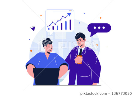 Office work modern flat concept for web banner design. Employees work together on project. Colleagues discuss statistics and make financial report. Vector illustration with isolated people scene Office work modern flat concept for web banner design. Employees work together on project. Colleagues discuss statistics and make financial report. Vector illustration with isolated people scene 136773050