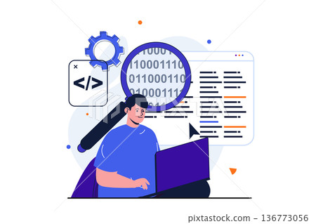 Programmer working modern flat concept for web banner design. Male developer analyzes and optimizes code, configures software and working on laptop. Vector illustration with isolated people scene Programmer working modern flat concept for web banner design. Male developer analyzes and optimizes code, configures software and working on laptop. Vector illustration with isolated people scene 136773056