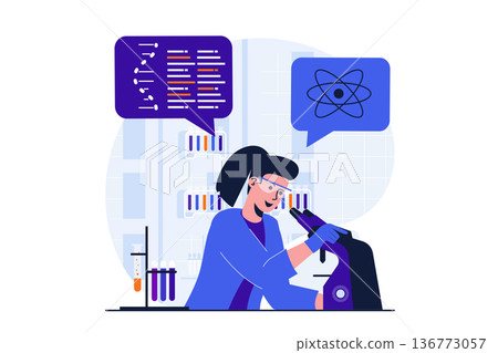 Science research modern flat concept for web banner design. Woman scientist working with microscope and doing with liquids test test tubes in laboratory. Vector illustration with isolated people scene Science research modern flat concept for web banner design. Woman scientist working with microscope and doing with liquids test test tubes in laboratory. Vector illustration with isolated people scene 136773057
