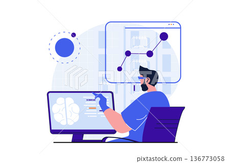 Science research modern flat concept for web banner design. Scientist studies brain and analyzes data on computer screen, doing neurobiology research. Vector illustration with isolated people scene Science research modern flat concept for web banner design. Scientist studies brain and analyzes data on computer screen, doing neurobiology research. Vector illustration with isolated people scene 136773058