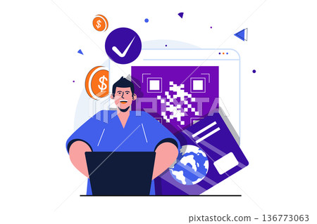 Secure payment modern flat concept for web banner design. Man buys online and making payment with credit card in website. Protection of transactions. Vector illustration with isolated people scene 136773063
