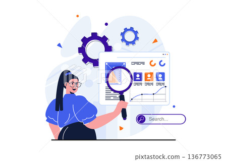 Seo analysis modern flat concept for web banner design. Woman with magnifier analyzes search results and marketing research, promotes site rating. Vector illustration with isolated people scene Seo analysis modern flat concept for web banner design. Woman with magnifier analyzes search results and marketing research, promotes site rating. Vector illustration with isolated people scene 136773065