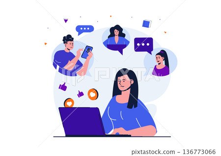 Social network modern flat concept for web banner design. Woman communicates online, chats and follows news of friends personal profiles using laptop. Vector illustration with isolated people scene Social network modern flat concept for web banner design. Woman communicates online, chats and follows news of friends personal profiles using laptop. Vector illustration with isolated people scene 136773066