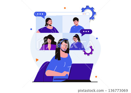 Video chatting modern flat concept for web banner design. Woman in headset talking to group of friends or colleagues in online conference using laptop. Vector illustration with isolated people scene Video chatting modern flat concept for web banner design. Woman in headset talking to group of friends or colleagues in online conference using laptop. Vector illustration with isolated people scene 136773069