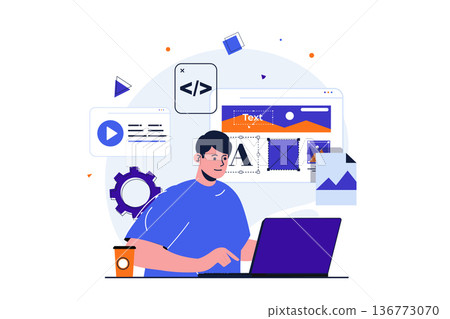 Web designer modern flat concept for web banner design. Man working with website layout, places images and other graphic elements, optimized page code. Vector illustration with isolated people scene 136773070