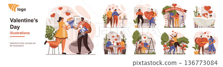 Valentines Day concept isolated person situations. Collection of scenes with people celebrating romantic holiday, couples on date, love relationship. Mega set. Vector illustration in flat design 136773084