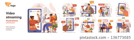 Video streaming concept isolated person situations. Collection of scenes with people bloggers broadcast online, communicate with followers, record podcast. Mega set. Vector illustration in flat design Video streaming concept isolated person situations. Collection of scenes with people bloggers broadcast online, communicate with followers, record podcast. Mega set. Vector illustration in flat design 136773085