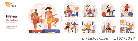 Fitness at gym concept isolated person situations. Collection of scenes with people do aerobics or weightlifting, exercise on simulators, home workouts. Mega set. Vector illustration in flat design Fitness at gym concept isolated person situations. Collection of scenes with people do aerobics or weightlifting, exercise on simulators, home workouts. Mega set. Vector illustration in flat design 136773087