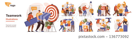 Teamwork concept isolated person situations. Collection of scenes with people collaborate, generate ideas, targeting, leadership, achieve business goals. Mega set. Vector illustration in flat design 136773092