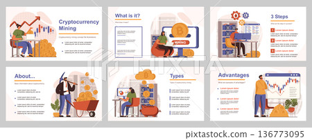 Cryptocurrency mining concept for presentation slide template. People sell and buy bitcoins, analyze financial data growth, crypto business. Vector illustration with flat persons for layout design 136773095
