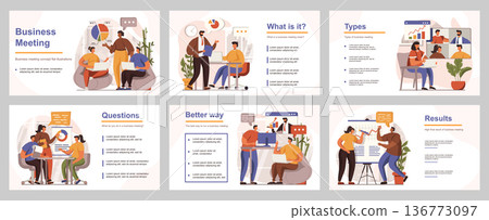 Business meeting concept for presentation slide template. People discuss at conference, make reports, team brainstorming, employees management. Vector illustration with flat persons for layout design Business meeting concept for presentation slide template. People discuss at conference, make reports, team brainstorming, employees management. Vector illustration with flat persons for layout design 136773097