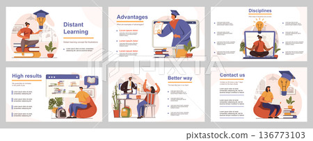 Distant learning concept for presentation slide template. People studying online, students watch webinars and video lessons, take courses. Vector illustration with flat persons for layout design 136773103