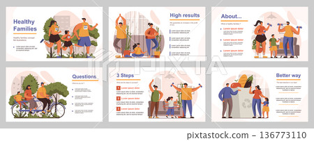 Healthy families concept for presentation slide template. People compete and active lifestyle, parents with children go in for sports and diet. Vector illustration with flat persons for layout design 136773110