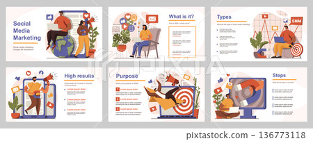 Social media marketing concept for presentation slide template. People with megaphones attract new audience, online advertising and promotion. Vector illustration with flat persons for layout design Social media marketing concept for presentation slide template. People with megaphones attract new audience, online advertising and promotion. Vector illustration with flat persons for layout design 136773118