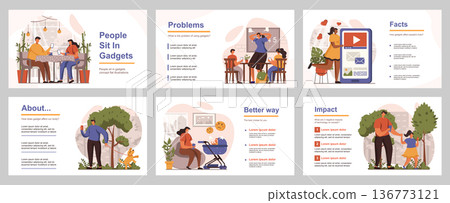 People sit in gadgets concept for presentation slide template. Men, women and kids spend time in smartphones, unhealthy habit and addiction. Vector illustration with flat persons for layout design People sit in gadgets concept for presentation slide template. Men, women and kids spend time in smartphones, unhealthy habit and addiction. Vector illustration with flat persons for layout design 136773121