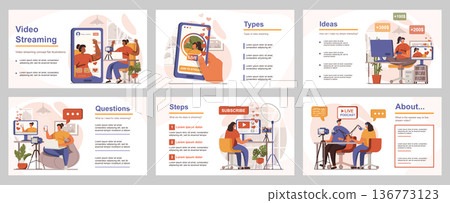 Video streaming concept for presentation slide template. People broadcast online, bloggers communicate with followers, record podcast at studio. Vector illustration with flat persons for layout design Video streaming concept for presentation slide template. People broadcast online, bloggers communicate with followers, record podcast at studio. Vector illustration with flat persons for layout design 136773123