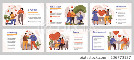 LGBTQ people concept for presentation slide template. Gay and lesbian couples on romantic date, propose, homosexual families raise children. Vector illustration with flat persons for layout design 136773127