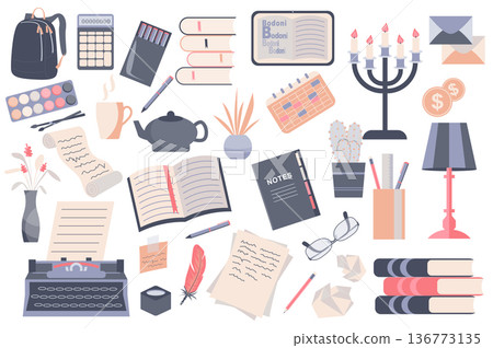 Books and stationery isolated elements set. Collection of papers, letter, calendar, lamp, typewriter, pen and other. Writers desktop items composition. Vector illustration in flat cartoon design 136773135