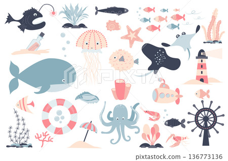 Sea creature and plants isolated elements set. Collection of fishes, crab, jellyfish, submarine, lighthouse and other. Underwater and marine compositions. Vector illustration in flat cartoon design Sea creature and plants isolated elements set. Collection of fishes, crab, jellyfish, submarine, lighthouse and other. Underwater and marine compositions. Vector illustration in flat cartoon design 136773136