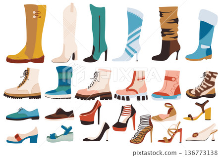 Shoes and boots isolated elements set. Collection of women and men different types of shoes with platform, heels or lacing. Footwear store compositions. Vector illustration in flat cartoon design 136773138