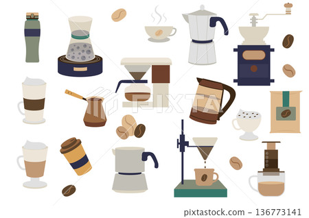 Coffee isolated elements set. Collection of different types of coffee drinks in mugs and equipment for preparation. Assortment of shop or cafe compositions. Vector illustration in flat cartoon design Coffee isolated elements set. Collection of different types of coffee drinks in mugs and equipment for preparation. Assortment of shop or cafe compositions. Vector illustration in flat cartoon design 136773141