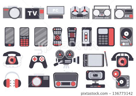Gadgets isolated elements set. Collection of photo camera, tv, computer, tape recorder, radio, smartphone and other. Electronic device shop compositions. Vector illustration in flat cartoon design 136773142