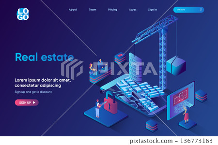 Real estate concept isometric landing page. Construction company building new houses for selling, sale of apartments, 3d web banner template. Vector illustration with people scene in flat design Real estate concept isometric landing page. Construction company building new houses for selling, sale of apartments, 3d web banner template. Vector illustration with people scene in flat design 136773163
