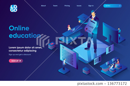 Online education concept isometric landing page. Educational programs, professional development and getting certificates, 3d web banner template. Vector illustration with people scene in flat design Online education concept isometric landing page. Educational programs, professional development and getting certificates, 3d web banner template. Vector illustration with people scene in flat design 136773172