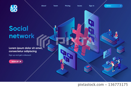 Social network concept isometric landing page. Users browsing, chatting, viewing feed, sharing, commenting and following, 3d web banner template. Vector illustration with people scene in flat design Social network concept isometric landing page. Users browsing, chatting, viewing feed, sharing, commenting and following, 3d web banner template. Vector illustration with people scene in flat design 136773175