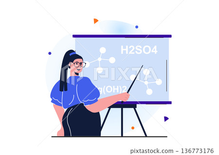 Women working modern flat concept for web banner design. Woman is chemistry teacher, stands with pointer near blackboard and teaching in classroom. Vector illustration with isolated people scene Women working modern flat concept for web banner design. Woman is chemistry teacher, stands with pointer near blackboard and teaching in classroom. Vector illustration with isolated people scene 136773176
