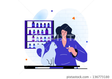 Women working modern flat concept for web banner design. Woman works as veterinarian, examines and diagnoses cat, makes pet vaccination in vet clinic. Vector illustration with isolated people scene Women working modern flat concept for web banner design. Woman works as veterinarian, examines and diagnoses cat, makes pet vaccination in vet clinic. Vector illustration with isolated people scene 136773180