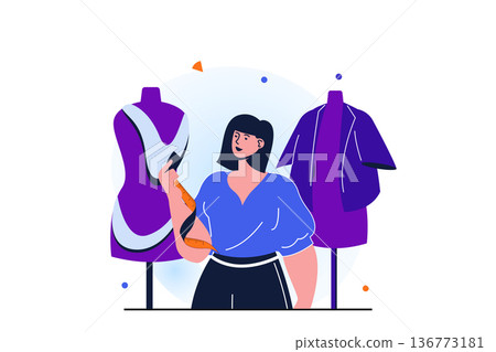Women working modern flat concept for web banner design. Woman works as tailor and seamstress, creates fashion clothes and outfits in clothing atelier. Vector illustration with isolated people scene 136773181