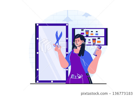 Women working modern flat concept for web banner design. Woman works as hairdresser in beauty salon or barbershop, doing haircuts and styling for client. Vector illustration with isolated people scene 136773183