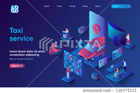 Taxi service concept isometric landing page. Online car booking, transportation and route tracking location in mobile app, 3d web banner template. Vector illustration with people scene in flat design Taxi service concept isometric landing page. Online car booking, transportation and route tracking location in mobile app, 3d web banner template. Vector illustration with people scene in flat design 136773211