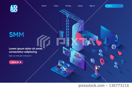 Smm concept isometric landing page. Team analyzes data and develops an online business strategy, social media marketing 3d web banner template. Vector illustration with people scene in flat design Smm concept isometric landing page. Team analyzes data and develops an online business strategy, social media marketing 3d web banner template. Vector illustration with people scene in flat design 136773218