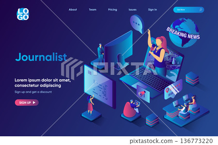 Journalist concept isometric landing page. Team creates news program in studio, writes articles for online newspapers, 3d web banner template. Vector illustration with people scene in flat design 136773220