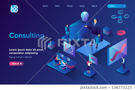 Consulting concept isometric landing page. Business management and administration, accounting report, expert consultation, 3d web banner template. Vector illustration with people scene in flat design Consulting concept isometric landing page. Business management and administration, accounting report, expert consultation, 3d web banner template. Vector illustration with people scene in flat design 136773223