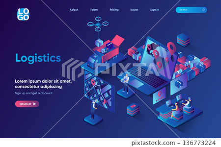 Logistics concept isometric landing page. Express delivery service at map, warehousing, distribution and global shipping 3d web banner template. Vector illustration with people scene in flat design 136773224