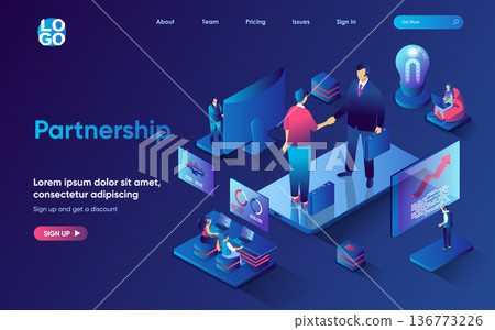 Partnership concept isometric landing page. Businessmen shake hands, conclude business deal and agreement of partners, 3d web banner template. Vector illustration with people scene in flat design Partnership concept isometric landing page. Businessmen shake hands, conclude business deal and agreement of partners, 3d web banner template. Vector illustration with people scene in flat design 136773226