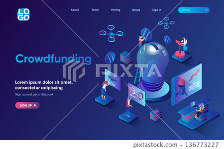 Crowdfunding concept isometric landing page. Fundraising at new business project, startup investment, collective donation 3d web banner template. Vector illustration with people scene in flat design Crowdfunding concept isometric landing page. Fundraising at new business project, startup investment, collective donation 3d web banner template. Vector illustration with people scene in flat design 136773227