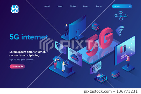 5g internet concept isometric landing page. Users use new high speed wifi signal hotspot, global network technology, 3d web banner template. Vector illustration with people scene in flat design 136773231